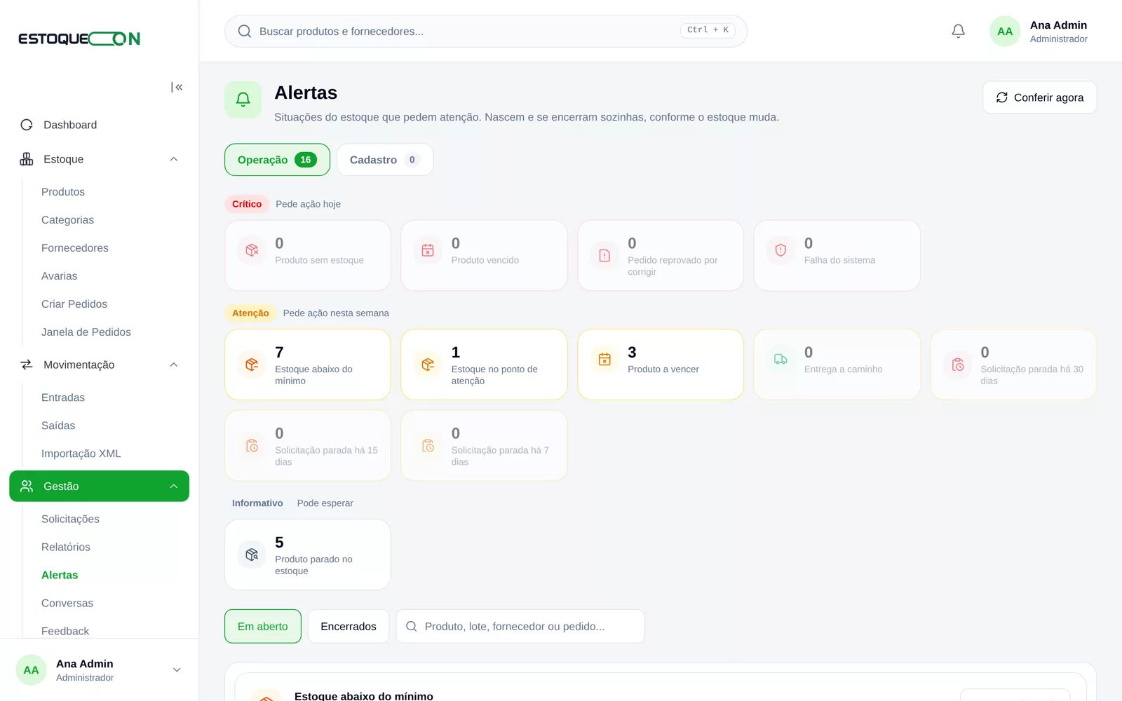 Tela de alertas do EstoqueOn, com produtos abaixo do mínimo, a vencer e parados