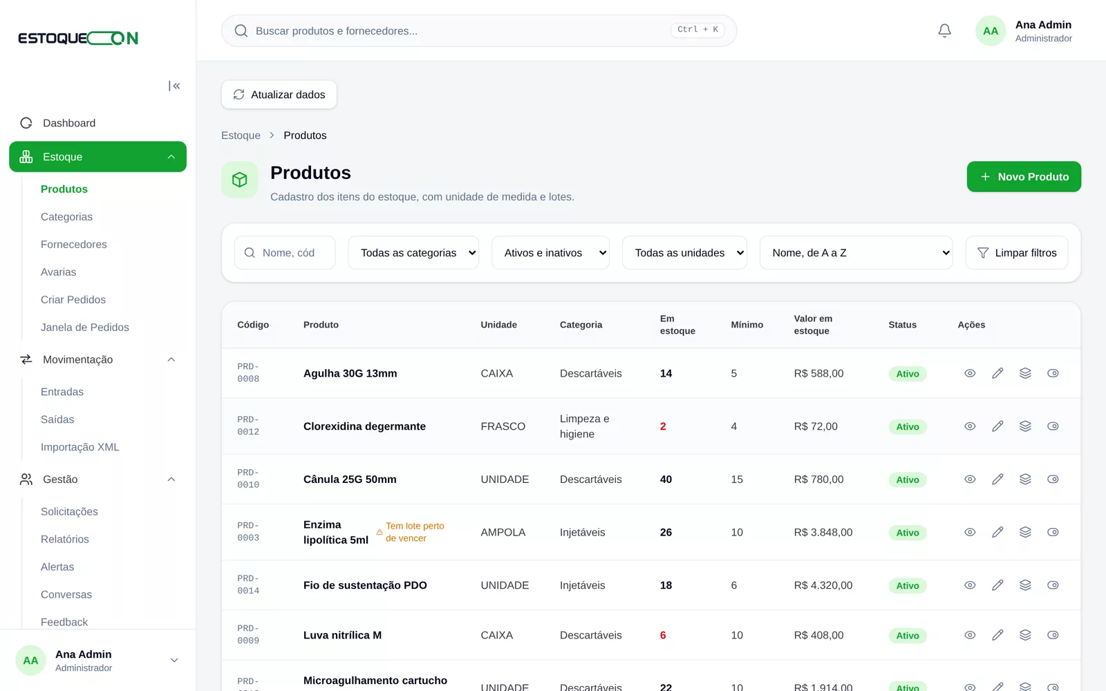 Lista de produtos do EstoqueOn com saldo, mínimo e valor de cada item
