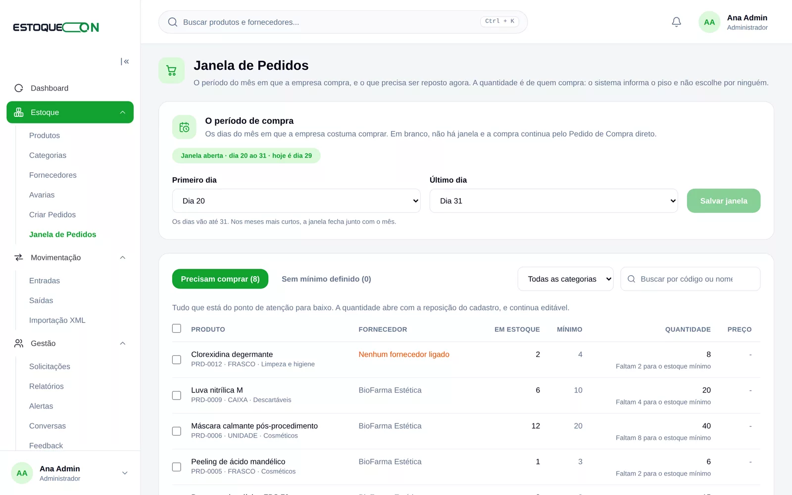 Janela de pedidos do EstoqueOn com o que precisa ser comprado e a quantidade sugerida