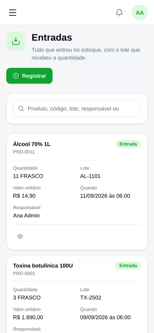 O EstoqueOn aberto no celular, na tela de entradas