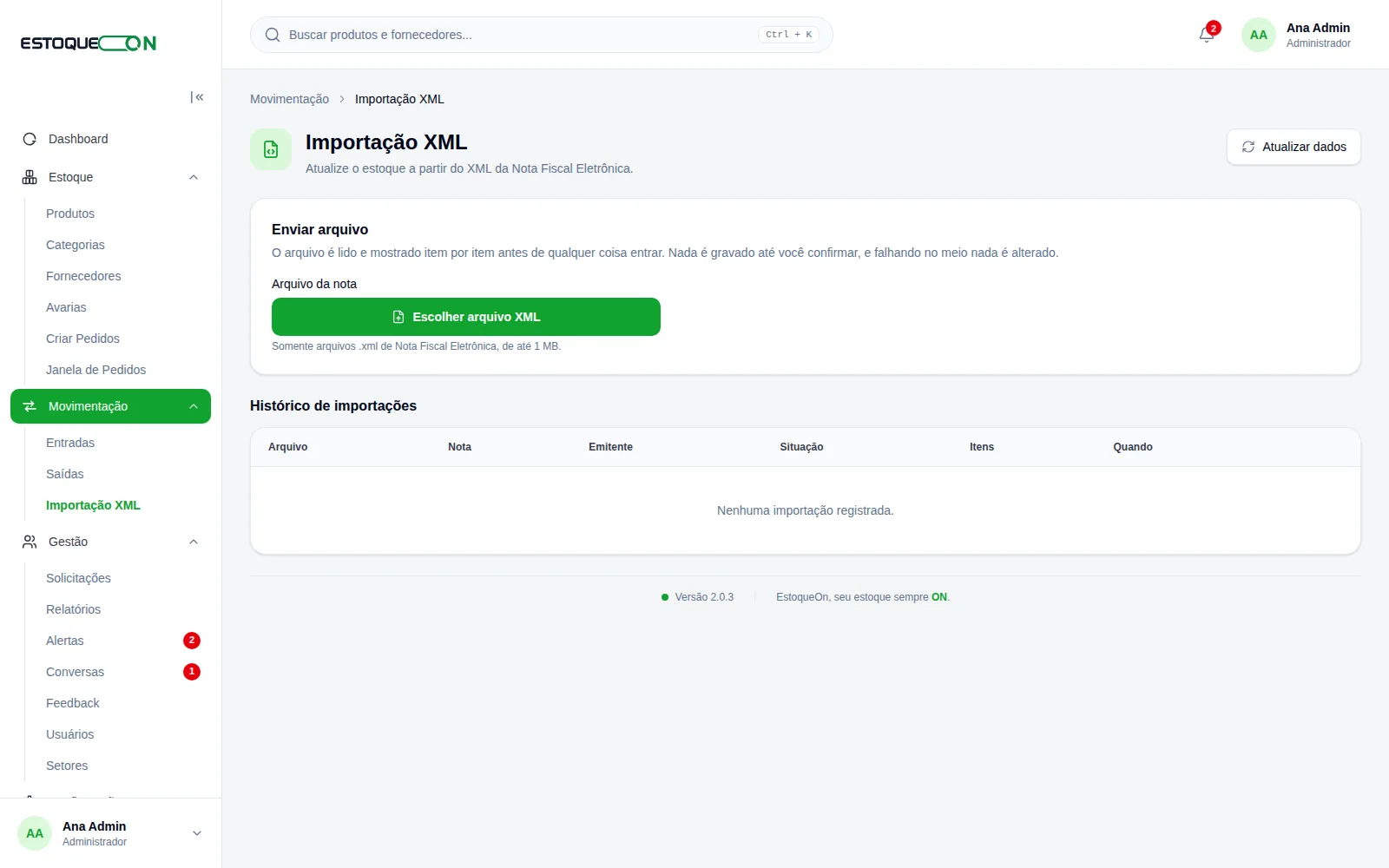 Tela de importação de XML do EstoqueOn, que transforma a nota do fornecedor em entrada