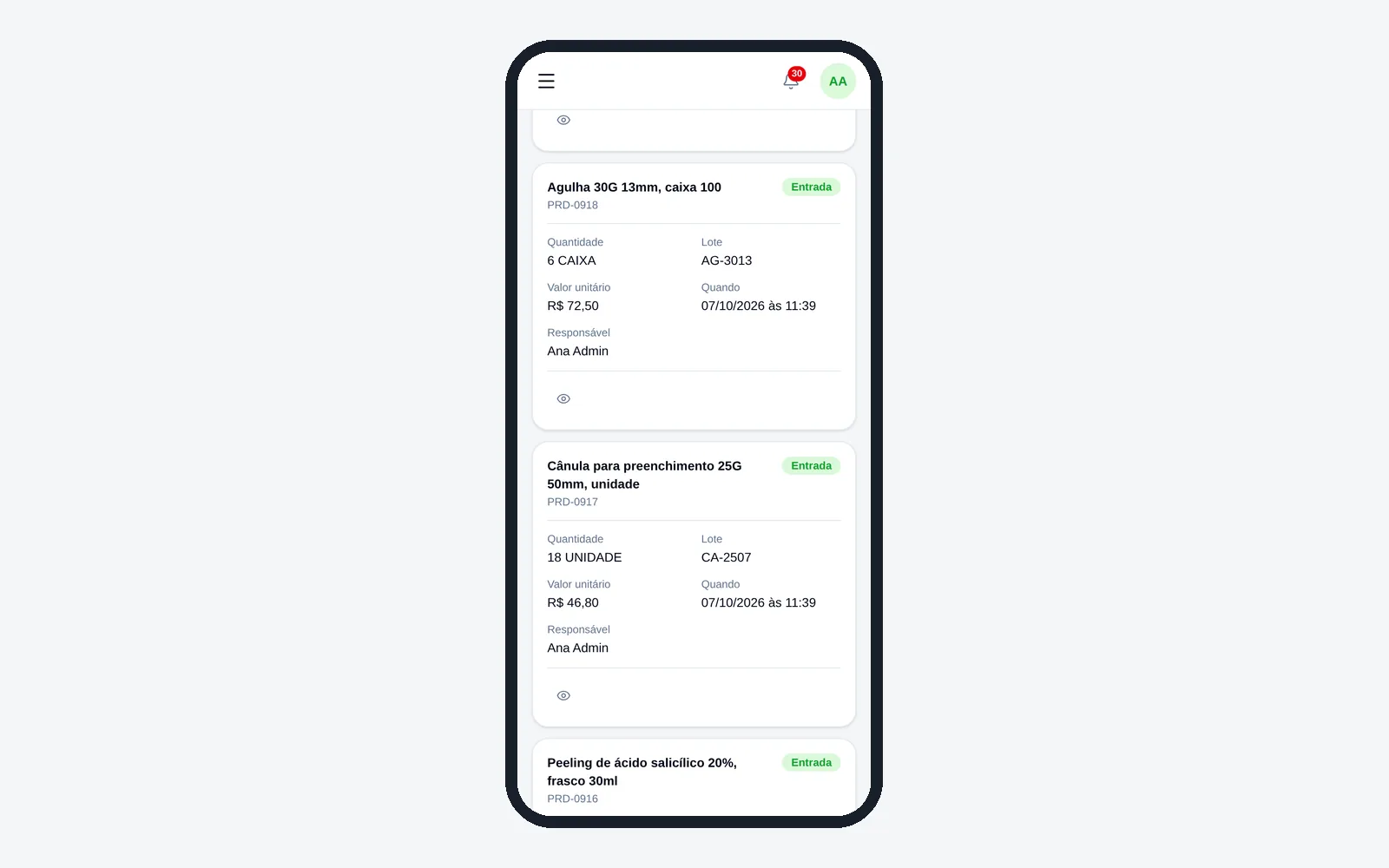 Tela de movimentação do EstoqueOn no celular, com as entradas registradas por lote e responsável