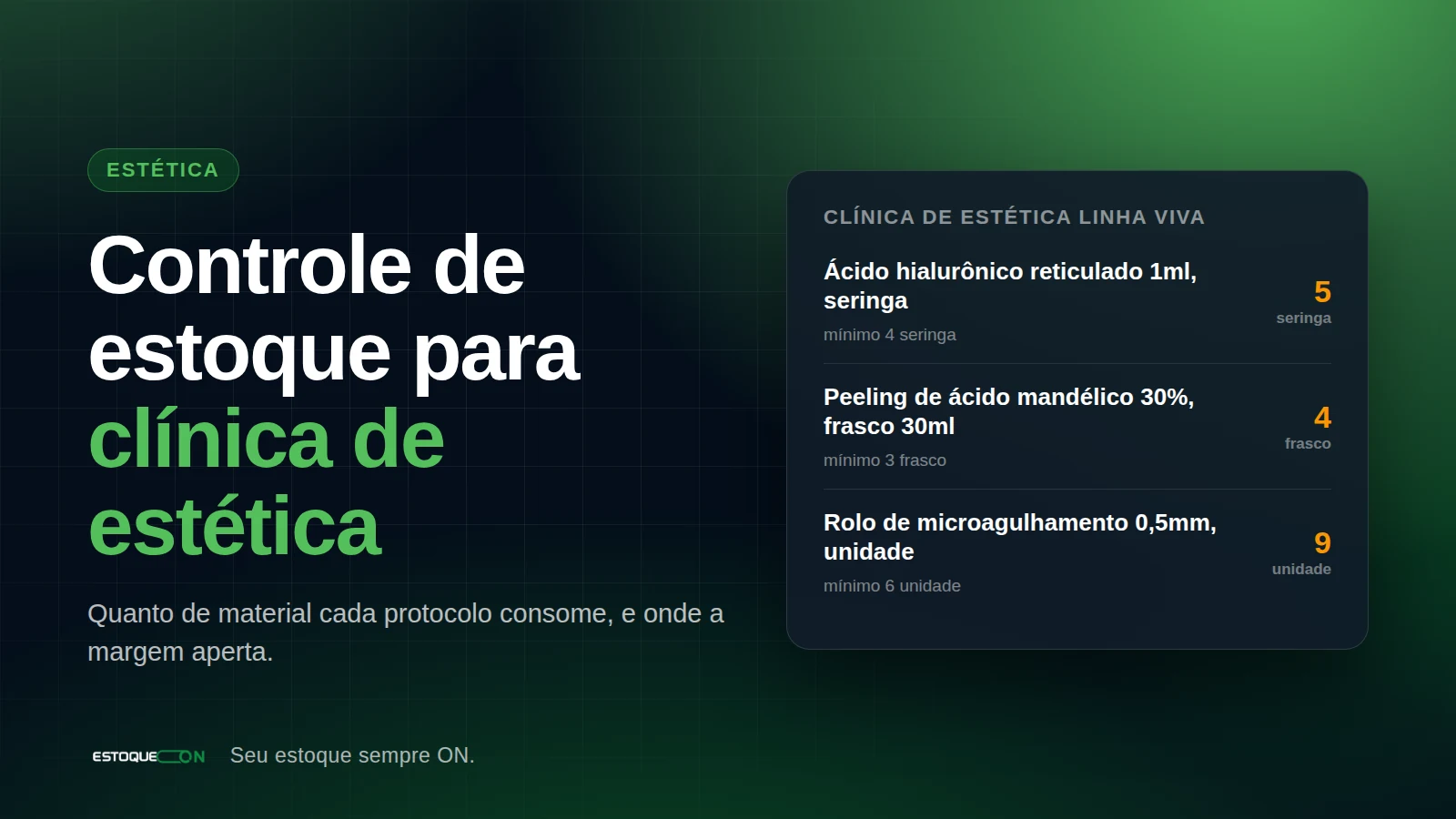 Tela de produtos do EstoqueOn com itens de clínica de estética: ácido hialurônico, bioestimulador, peelings e descartáveis