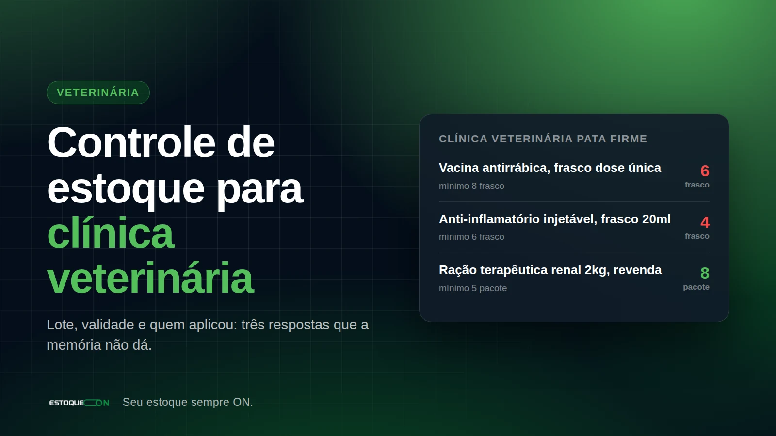 Tela de produtos do EstoqueOn com itens de clínica veterinária: vacinas, injetáveis, material cirúrgico e ração
