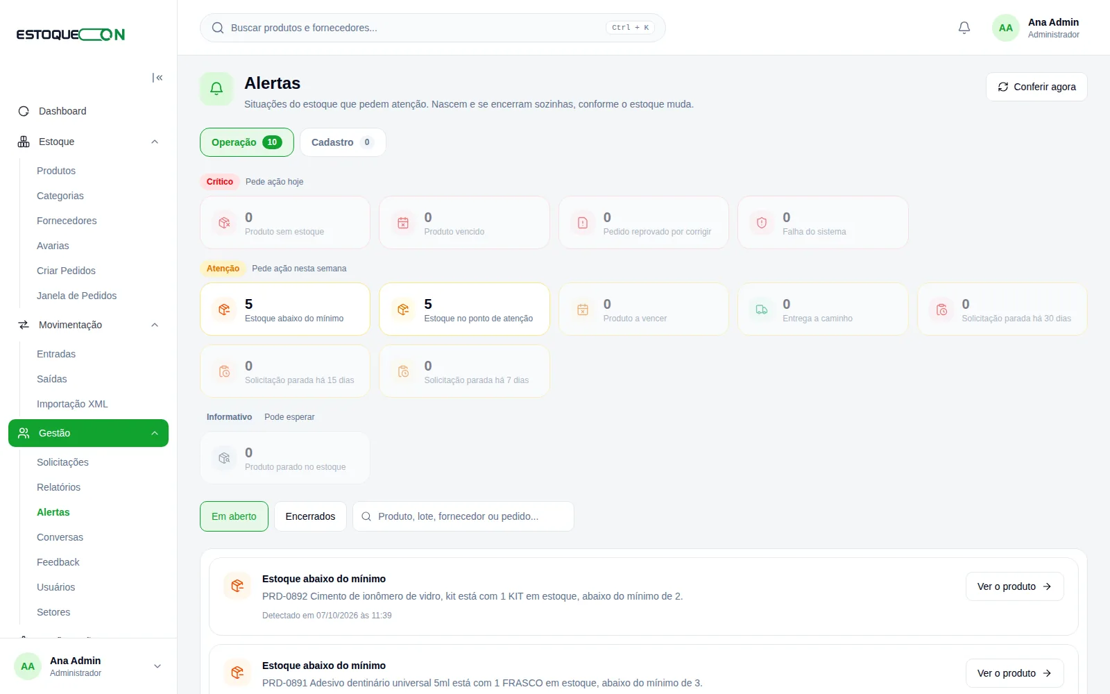 Tela de alertas do EstoqueOn mostrando materiais abaixo do estoque mínimo e lotes próximos do vencimento