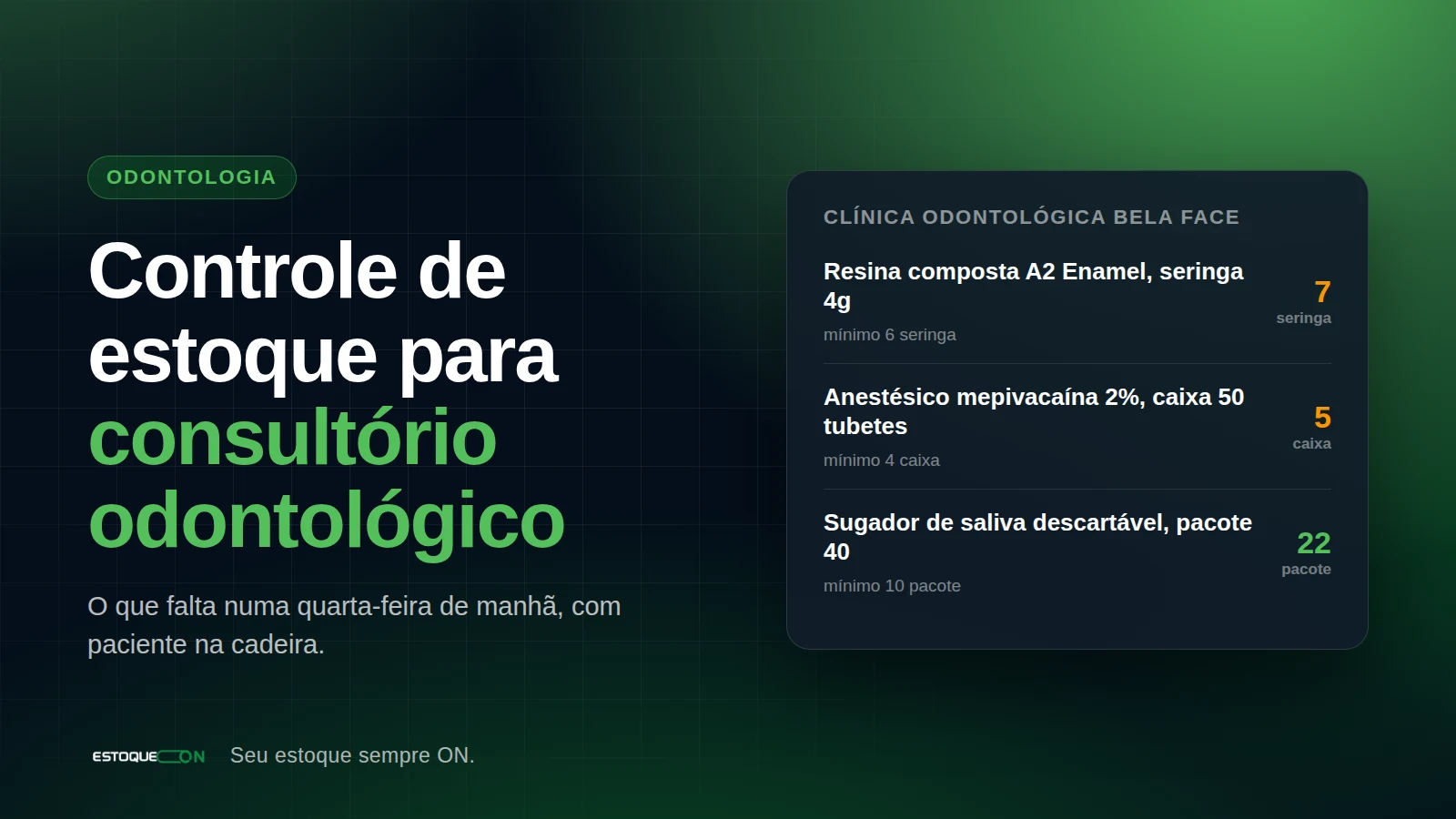 Tela de produtos do EstoqueOn com materiais de consultório odontológico: resina, anestésico, broca e lima endodôntica