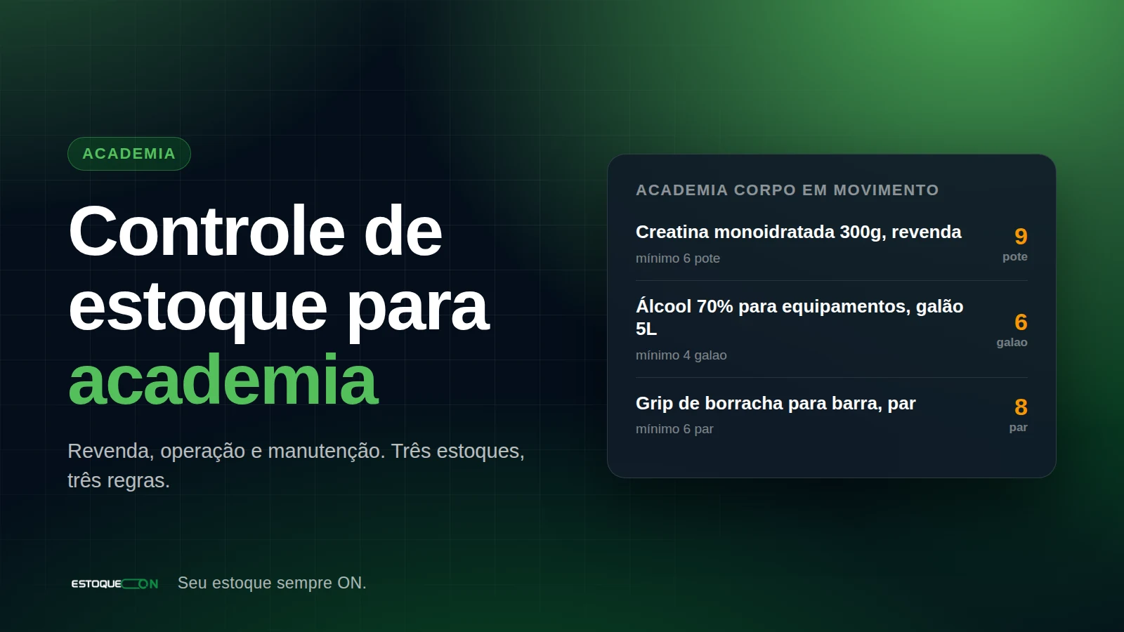 Lista de suplementos, material de limpeza e peças de manutenção de uma academia com saldo e mínimo