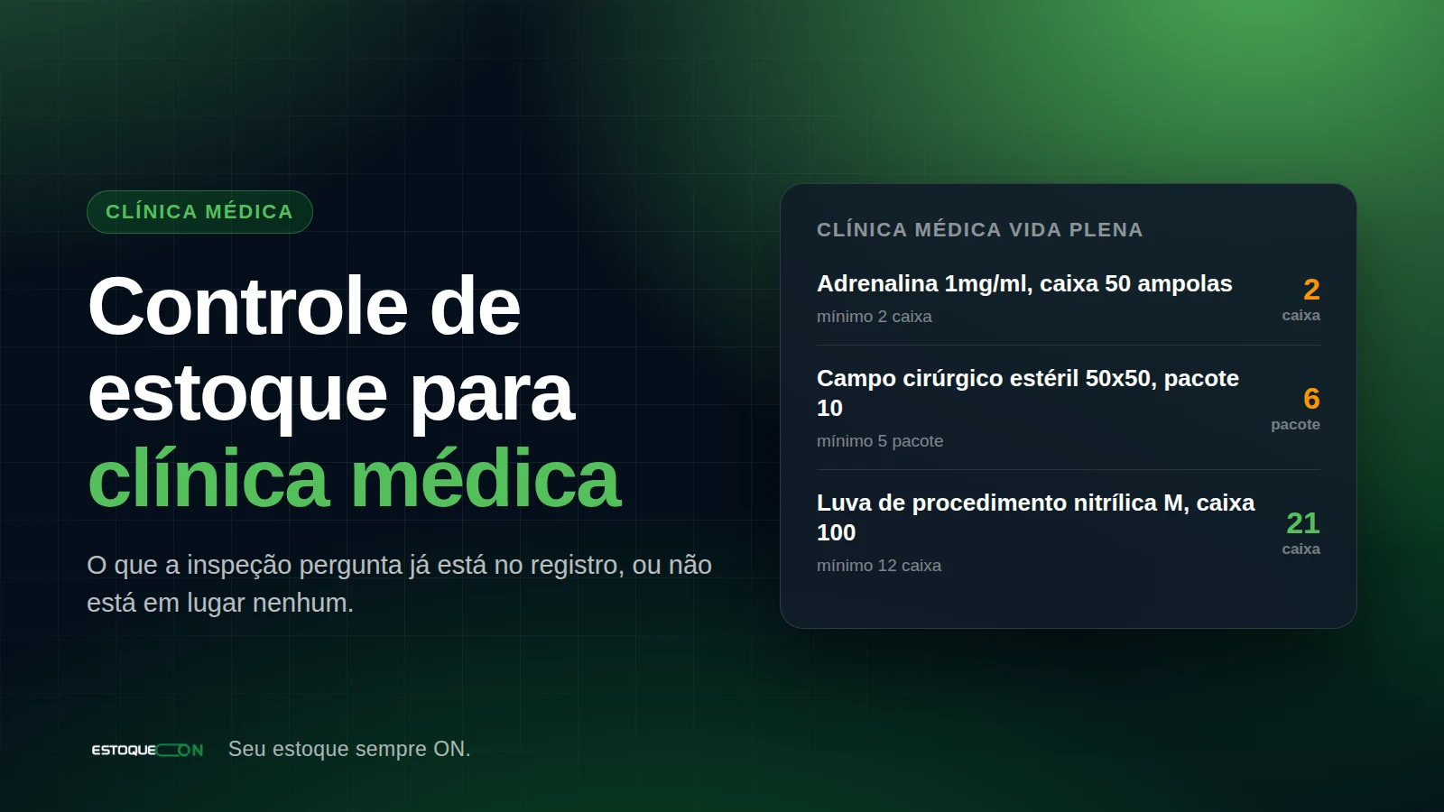 Tela de produtos do EstoqueOn com itens de clínica médica: medicamentos injetáveis, material de procedimento e descartáveis