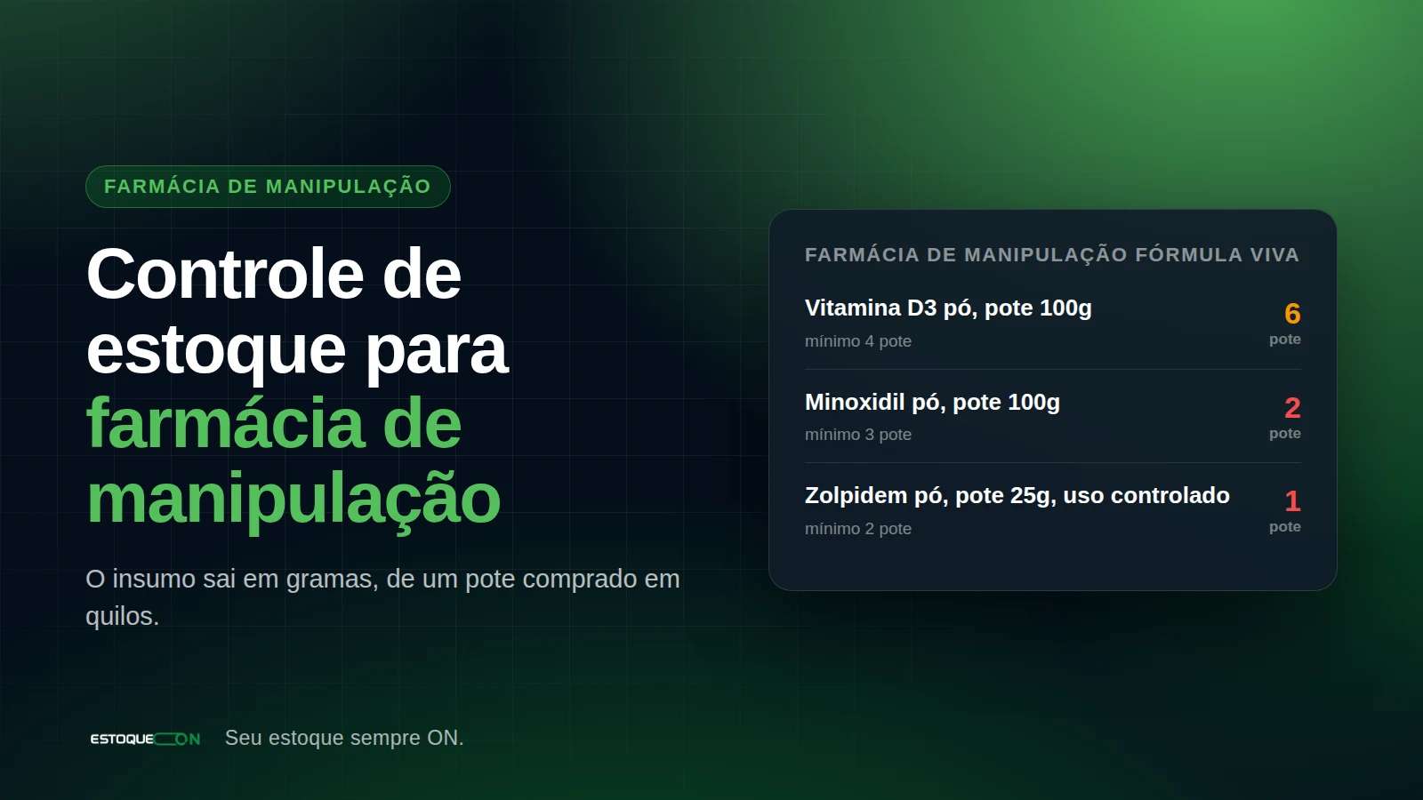 Lista de insumos de uma farmácia de manipulação com saldo, estoque mínimo e valor de cada item