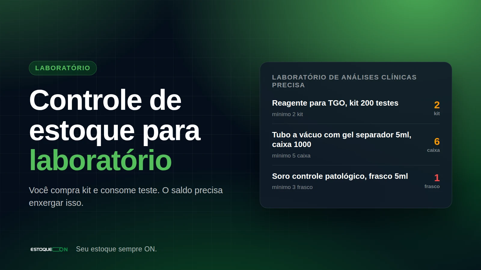 Lista de reagentes e material de coleta de um laboratório com saldo, mínimo e valor