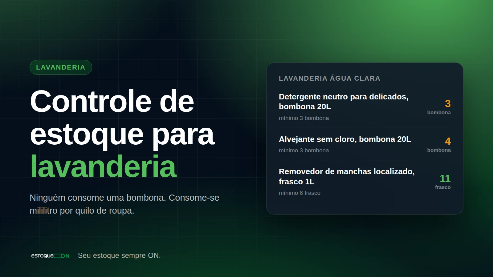 Lista de detergentes, alvejantes e material de acabamento de uma lavanderia com saldo e mínimo