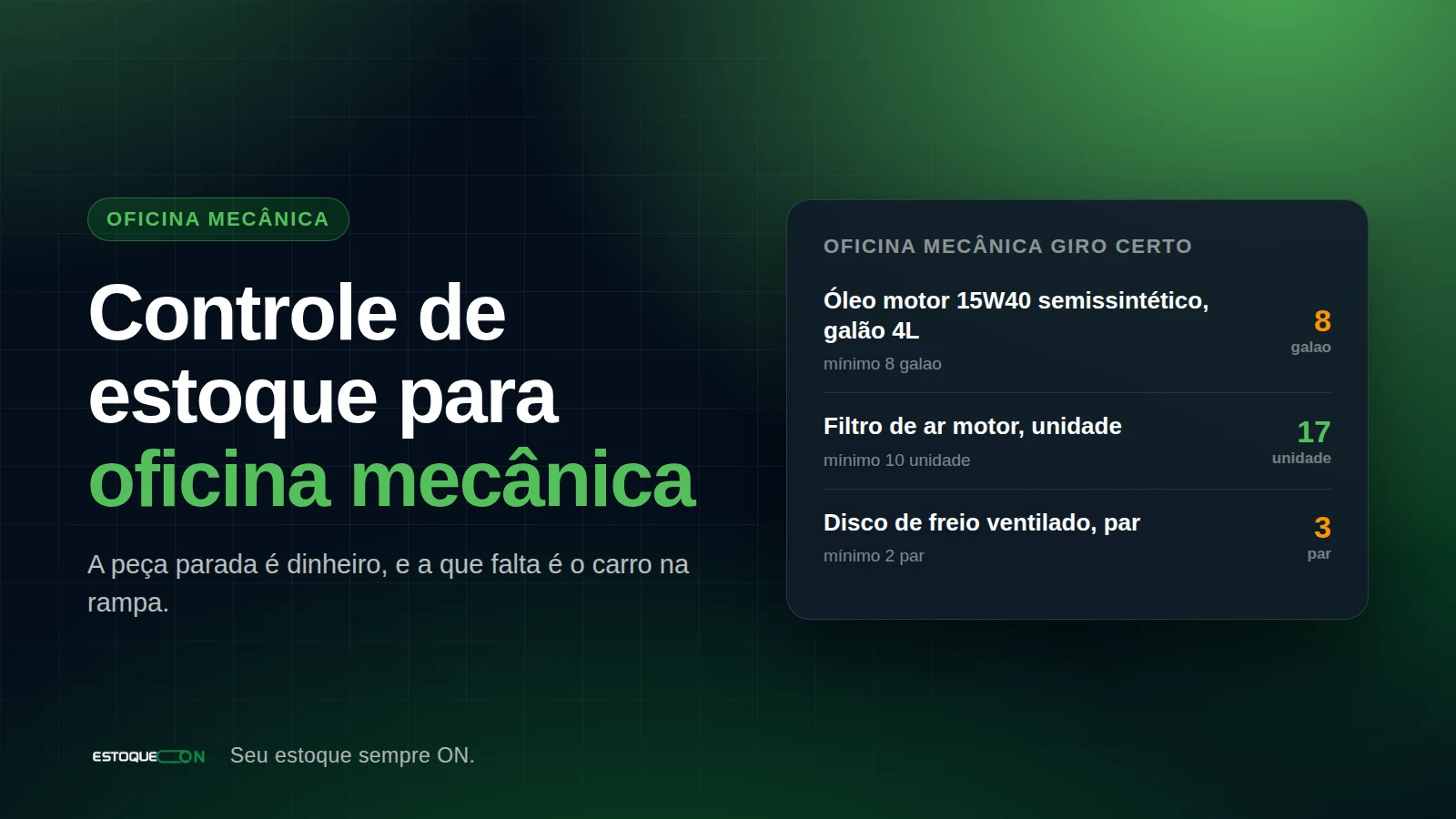 Tela de produtos do EstoqueOn com itens de oficina mecânica: óleo, filtros, pastilha de freio e consumíveis