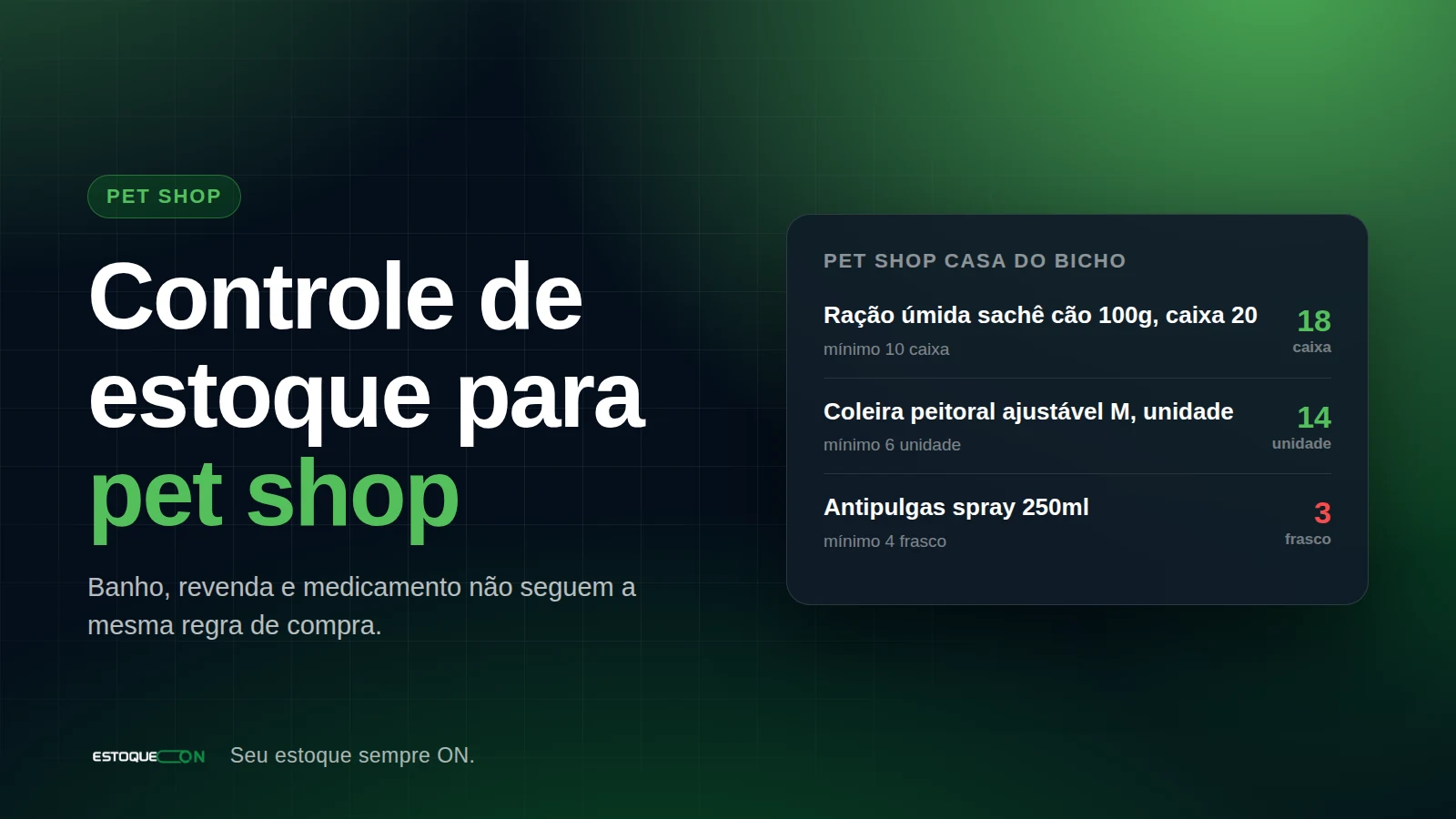 Tela de produtos do EstoqueOn com itens de pet shop: ração, shampoo de banho, acessórios e medicamentos