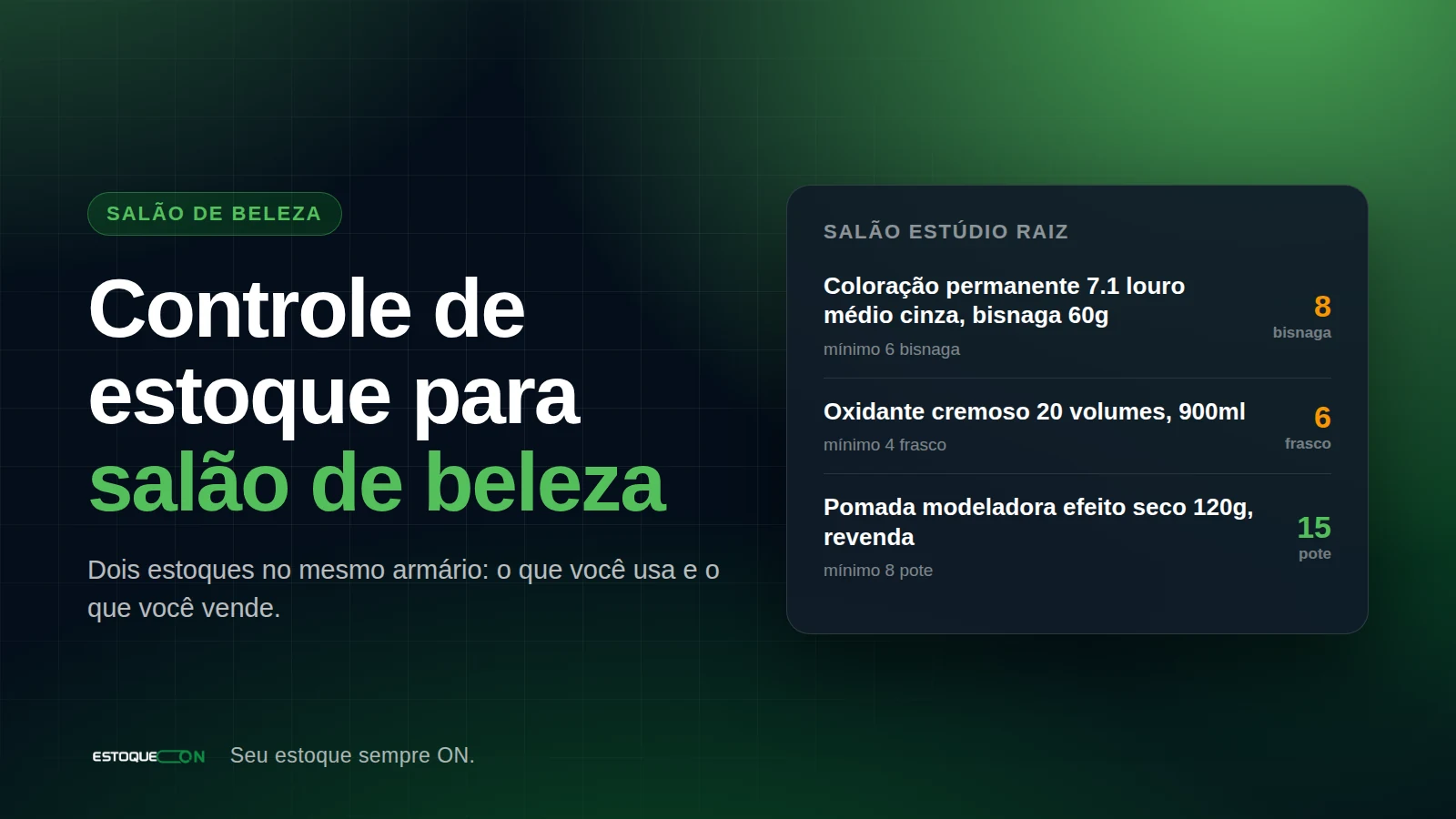 Tela de produtos do EstoqueOn com itens de salão de beleza: coloração, oxidante, pó descolorante e produtos de revenda