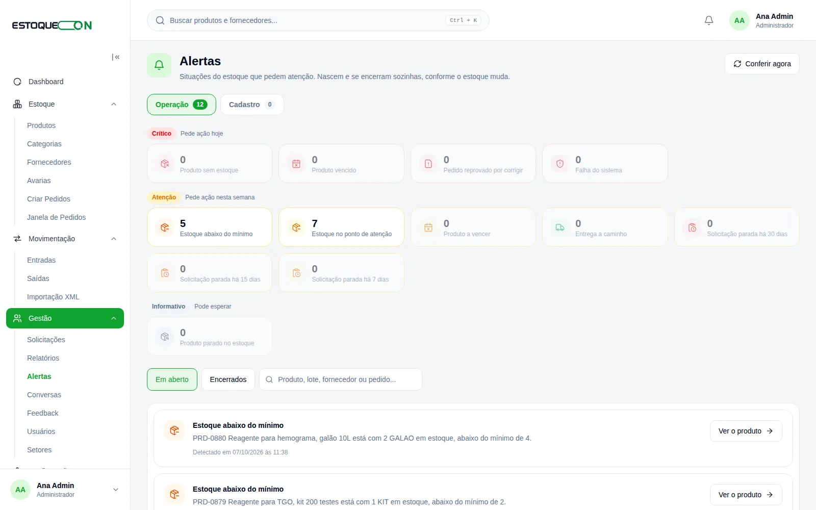 Tela de alertas do EstoqueOn mostrando produtos a vencer, abaixo do mínimo e parados