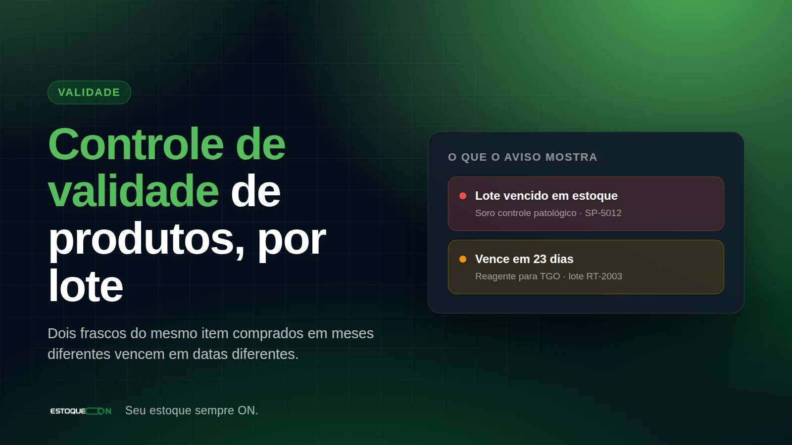 Tela de produtos do EstoqueOn com a validade de cada lote em destaque