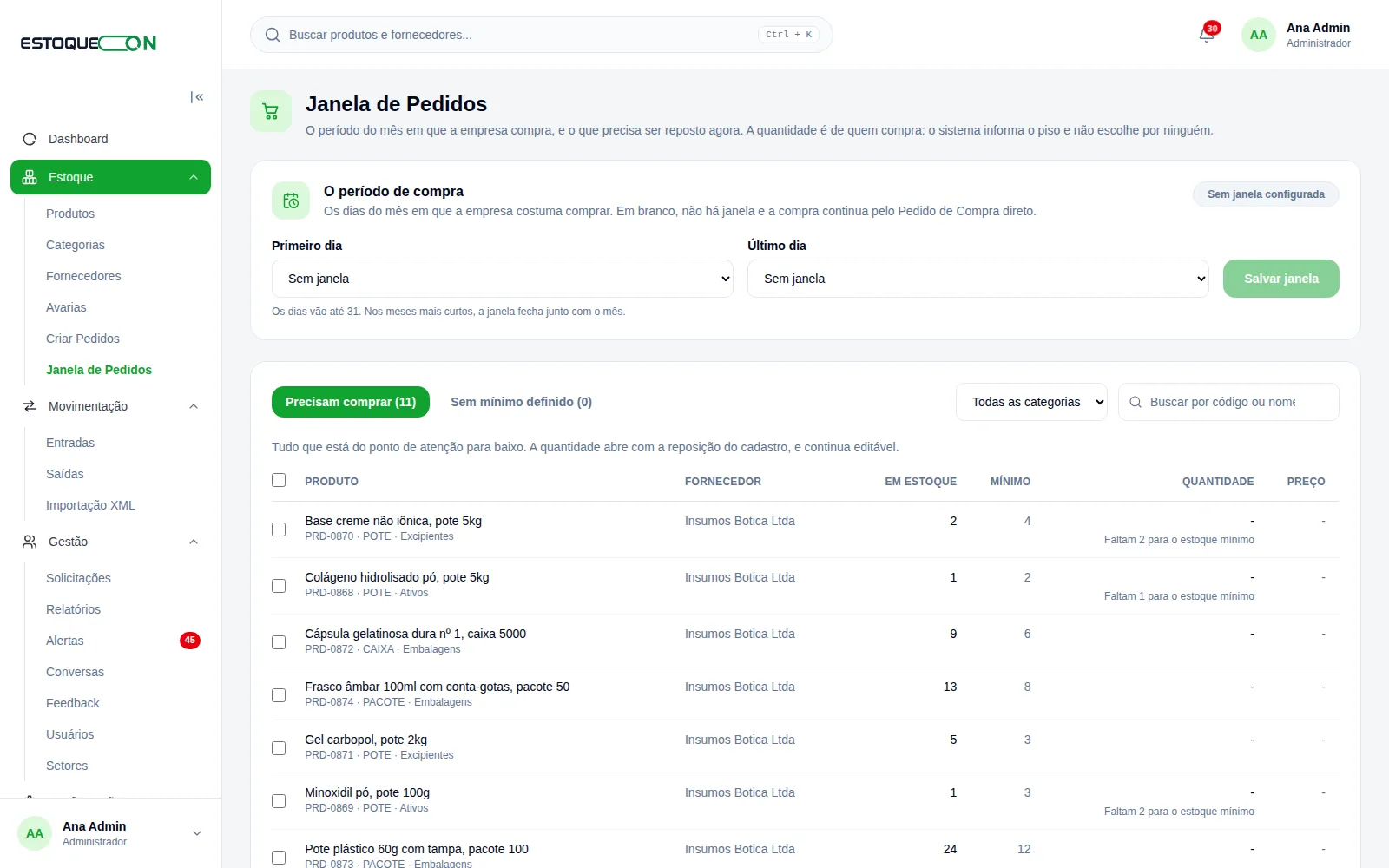 Janela de pedidos do EstoqueOn mostrando o que está abaixo do mínimo e a quantidade sugerida