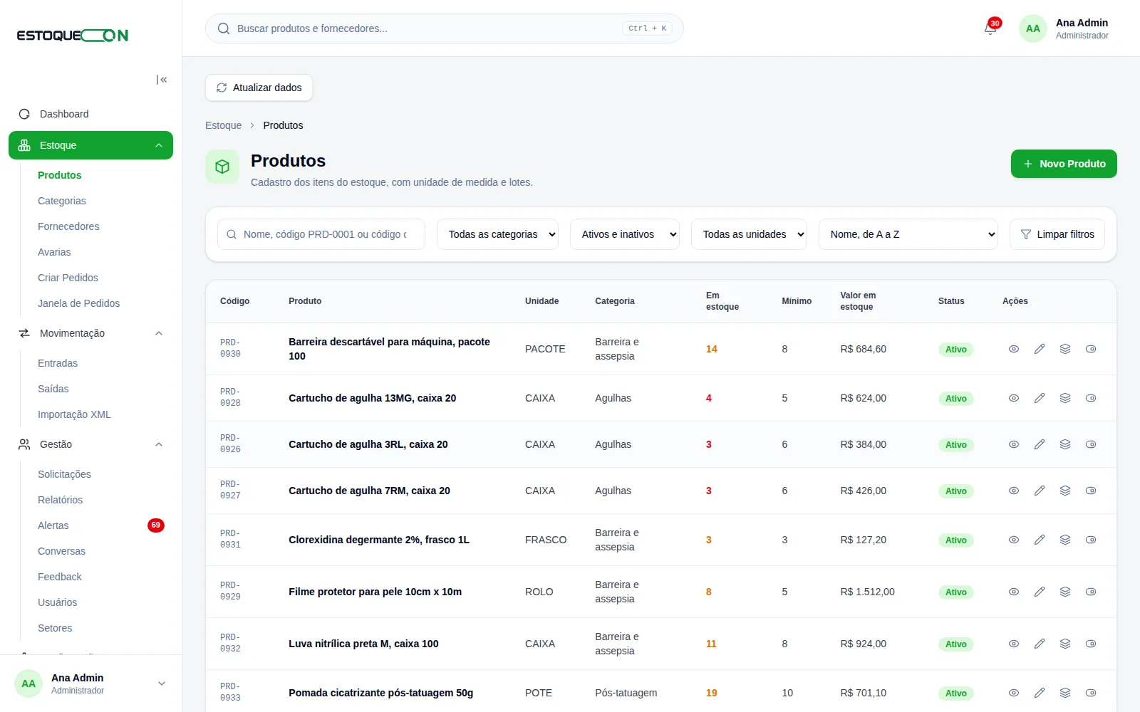 Lista de produtos do EstoqueOn com saldo, mínimo e valor de cada item