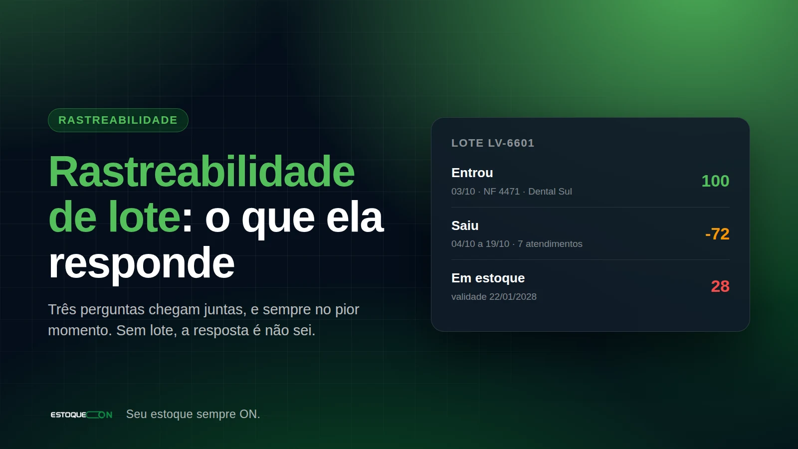 Tela de entradas do EstoqueOn, com o lote e a origem de cada movimentação